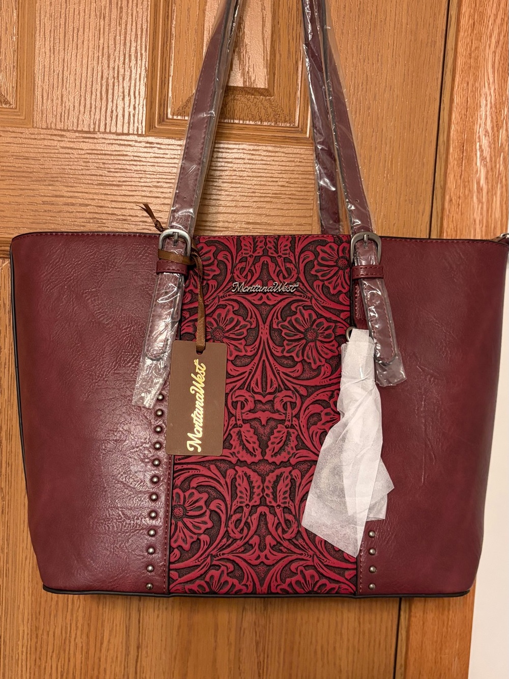 Montana West Burgundy Tote with Front Pocket and Zip Detail